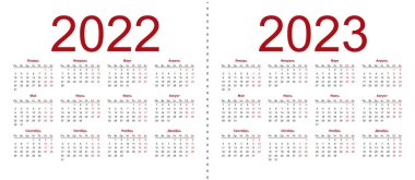 2022 ve 2023 yıllarının takvim şebekesi. Rusça 'da basit bir yatay şablon. Hafta pazartesiden itibaren başlıyor. Beyaz arkaplanda izole vektör illüstrasyonu.