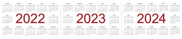 Прості Редаговані Векторні Календарі 2022 2023 2024 Роки Тиждень Починається — стоковий вектор