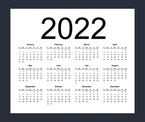 Kalendervorlage Für 2022 Jahr Die Woche Beginnt Sonntag Isolierte Vektordarstellung — Stockvektor