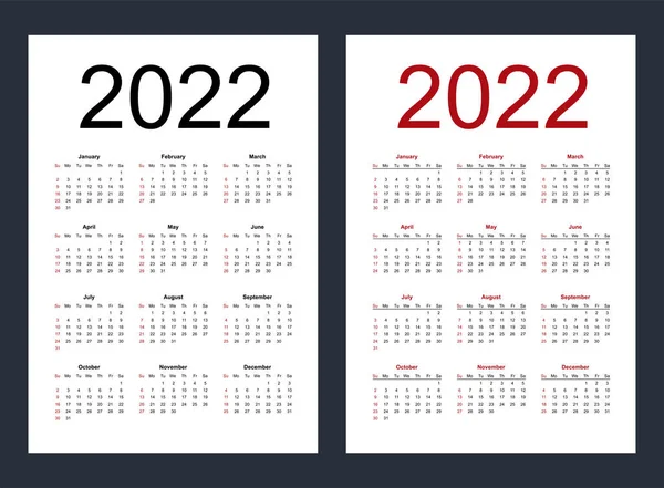 Calendario Vectorial Editable Simple Para Año 2022 Semana Comienza Domingo — Vector de stock