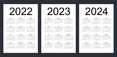 2022, 2023 ve 2024 yılları için basit düzenlenebilir vektör takvimleri. Hafta pazar günü başlıyor. Dikey. Beyaz arkaplanda izole vektör illüstrasyonu.