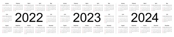 Simple Editable Vector Calendars Year 2022 2023 2024 Week Starts — Stock Vector