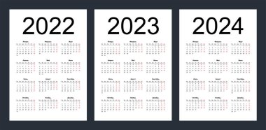 2022, 2023 ve 2024 yıllarının takvim şebekesi. Rus dilinde basit bir dikey şablon. Hafta pazartesiden itibaren başlıyor. Beyaz arkaplanda izole vektör illüstrasyonu.