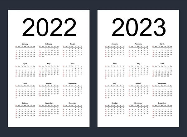 Simple Editable Vector Calendars Year 2022 2023 Week Starts Sunday — Stock Vector