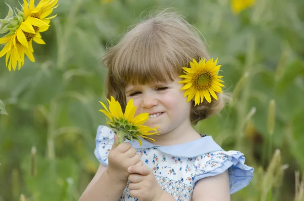 Petite fille dans un champ de tournesol — Photo