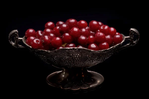 Sour cherry in a silver bowl — Stock Photo, Image