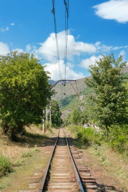 Yeşil ağaçlar ve mavi gökyüzü arkaplanından geçen bir tren yolu manzarası