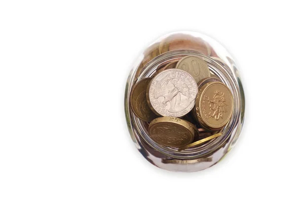 Transparentes Glasgefäß Mit Münzen Auf Weißem Hintergrund Draufsicht — Stockfoto