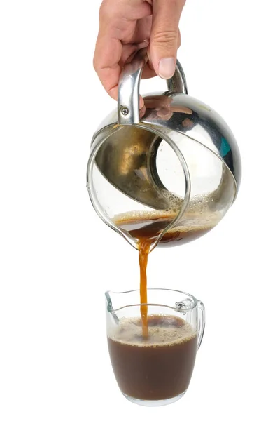 Hand Holding Pot Het Plaatsen Van Koffie Het Transparante Glas — Stockfoto