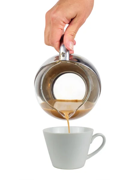 Hand Houden Van Een Transparante Pot Het Gieten Van Koffie — Stockfoto