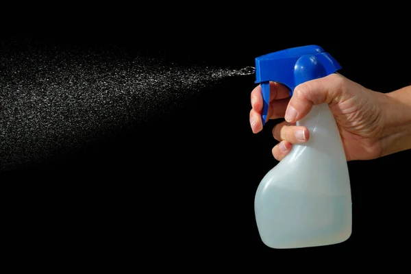 Hand Holding Spraying Spray Bottle Antibacterial Liquid Black Background — Stock Photo, Image