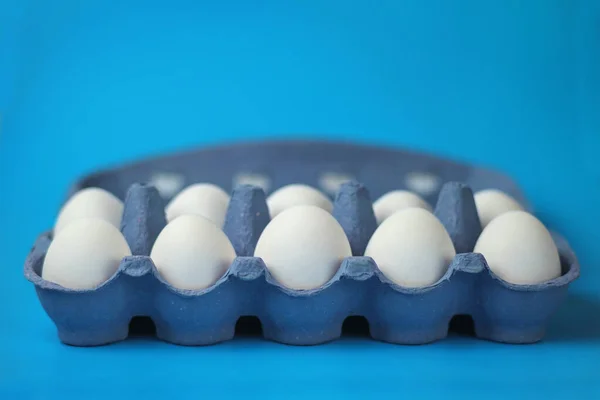 White Chicken Eggs Color Paper Tray Blue Surface Selective Focus — Stock Photo, Image