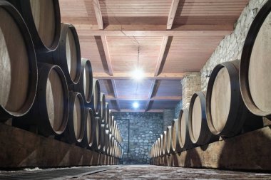 Bodrumdaki kuru bir şarap mahzeninde meşe fıçıları.