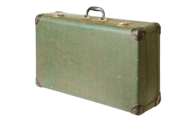 Vieille Valise Vintage Cuir Vert Isolé Sur Fond Blanc — Photo