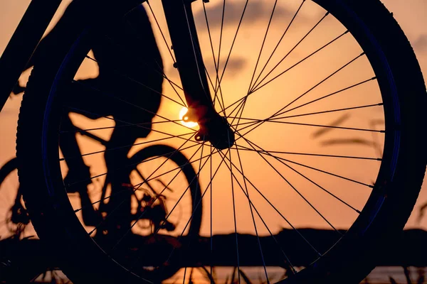 Close-up silhouette of a bike wheel at sunset. The sun shines through the wheel of a bicycle with blurred  bicycle rider figure