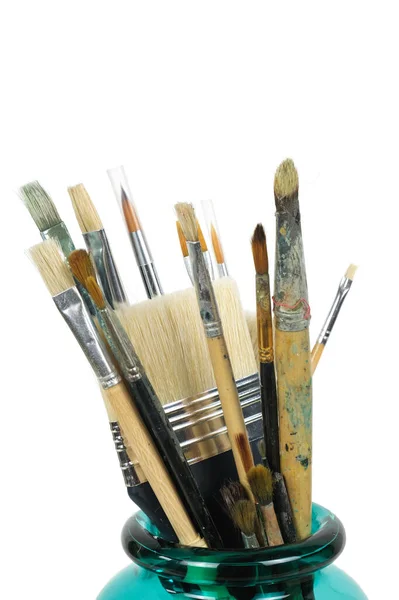 Various Professional Paint Brushes Green Glass Jar Isolated White Background — Stock Photo, Image