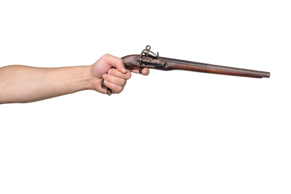 Människans Hand Håller Gammal Stil Brun Pistol Isolerad Vit Bakgrund — Stockfoto