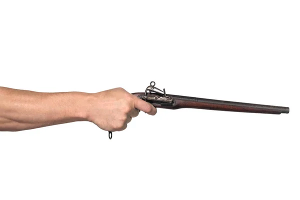 Mano Del Hombre Sostiene Una Pistola Marrón Estilo Antiguo Aislada — Foto de Stock