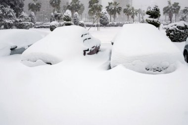 Kar yağışı sonrası taze karla kaplı arabalarla park yeri