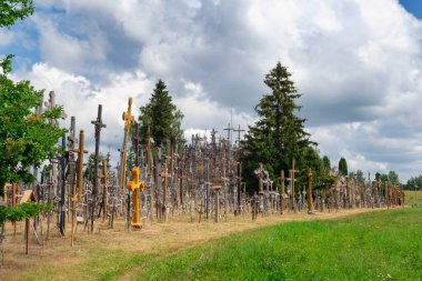 Siaulai, Litvanya, 17 Temmuz 2025. Kutsal haç tepesi, kutsal mekan ve dünyadaki Hristiyanlara ibadet.