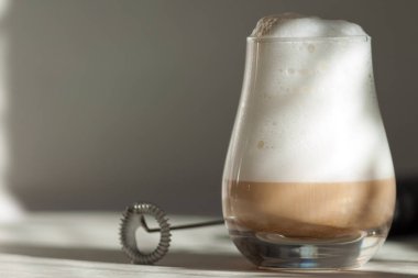 Süt köpüğü üreticisi. Mini karıştırıcı, kahve için köpükler, latte.