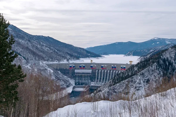 Dam of Sayano-Shushenskaya hydro power station. Winter. Russia