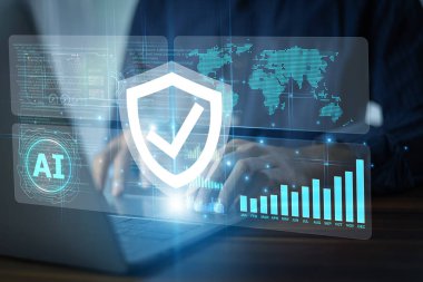 Riski en aza indirmek ve dijital savunma altyapısını güçlendirmek için öngörü veri güvenliği çözümleri için yapay zeka uygulayan işadamı.