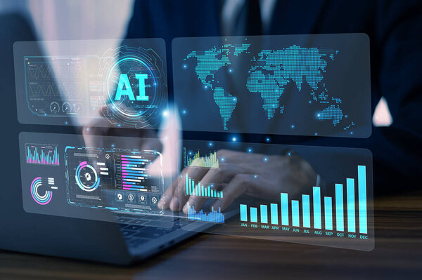 Businessman using AI artificial intelligence technology for advanced data security protection and preventing cyber threats in modern digital business environments.