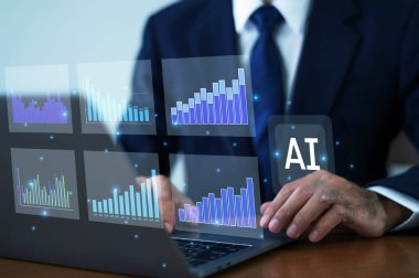 İş optimizasyonu, performans içgörüleri ve stratejik planlama için yapay zeka geliştirilmiş finansal analizleri gösteren dijital veri paneli