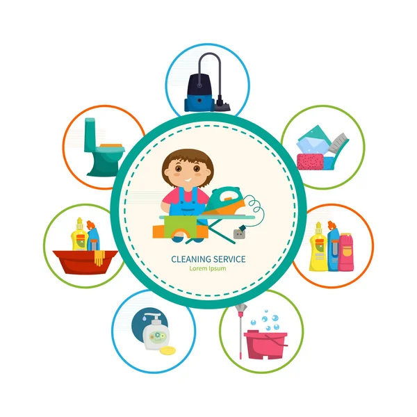 Chica de dibujos animados con un conjunto de objetos para limpiar la casa — Vector de stock