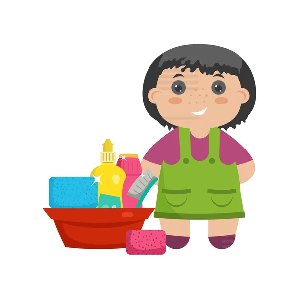 床を掃除するためのモップを持つ漫画のキャラクター小さな女の子. — ストックベクタ
