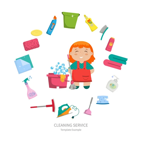 Cartoon meisje met een set van objecten voor het schoonmaken van het huis. — Stockvector
