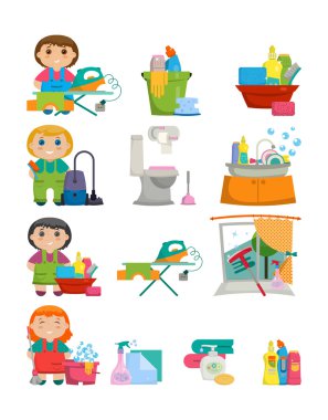 Beyaz arka planda evi temizlemek için Ev Aletleri