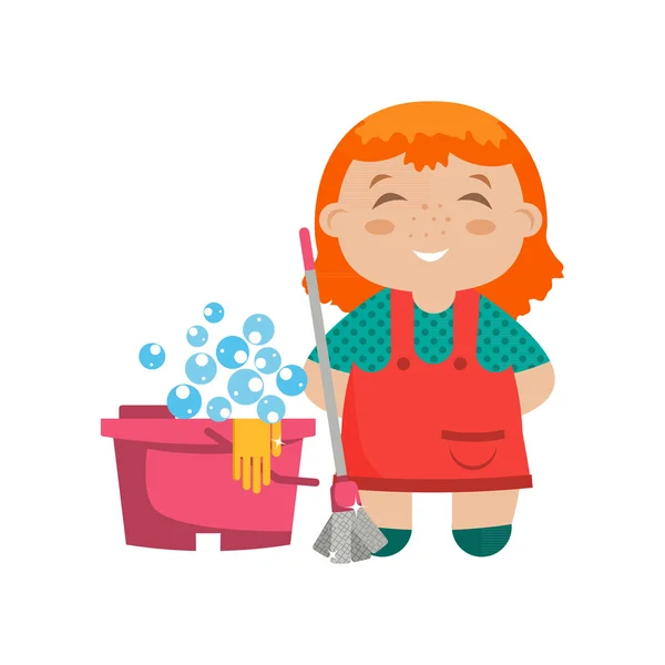 Personaje de dibujos animados niña con fregona para limpiar pisos — Vector de stock