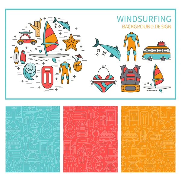 Conjunto vectorial de iconos windsurf y patrón sin costuras — Vector de stock