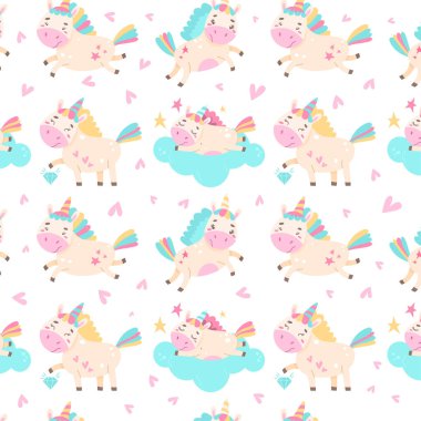 Bulutlarda tek boynuzlu atlar olan çocuksu, pürüzsüz bir desen..