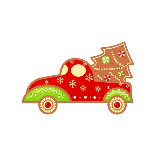 Camion Biscotti Pan Zenzero Natale Con Abete Sfondo Bianco Ideale — Vettoriale Stock
