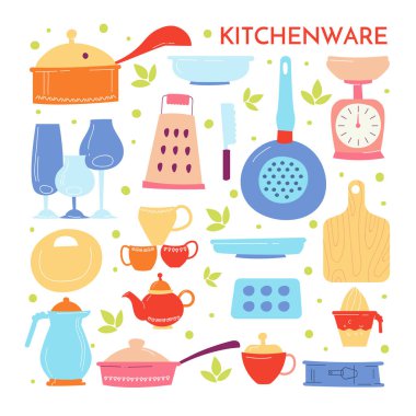 Mutfak eşyaları. Ev yemeği, pişirme ve pişirme ekipmanları..