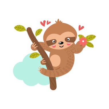 Dala asılı bebek tembel hayvan. Elle çizilmiş sevimli vektör çizimi. Kartlar, davetiyeler, posterler, baskılar, hatıra defterleri için uygun.