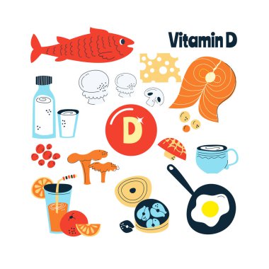 D vitamini ana besin kaynakları somon, sardalya, mantar, süt, yumurta. El çizimi bir vektör illüstrasyonu. Farmakolojik ya da tıbbi afiş, broşür, afiş için mükemmel..