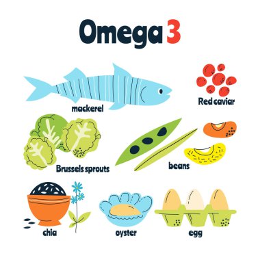 Omega 3 ana besin kaynakları balık, fındık, lahana, kırmızı havyar. El çizimi bir vektör illüstrasyonu. Farmakolojik ya da tıbbi afiş, broşür, afiş için mükemmel..