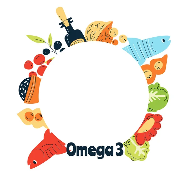 Omega Principais Fontes Alimentos Peixe Nozes Repolho Caviar Vermelho Ilustração — Vetor de Stock