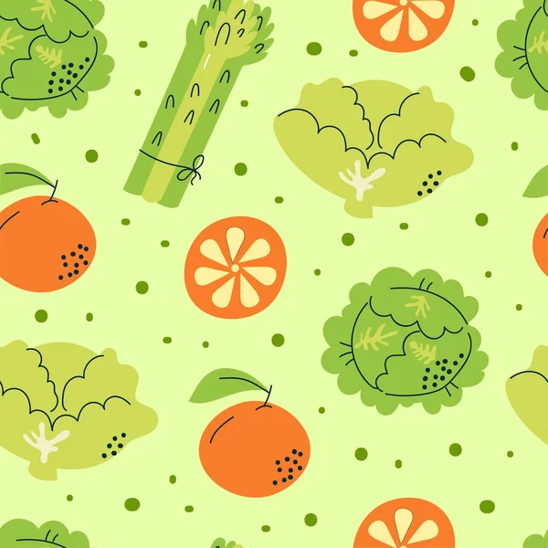 Modello Senza Cuciture Con Cavolo Asparagi Arancio Sfondo Verde Illustrazione — Vettoriale Stock