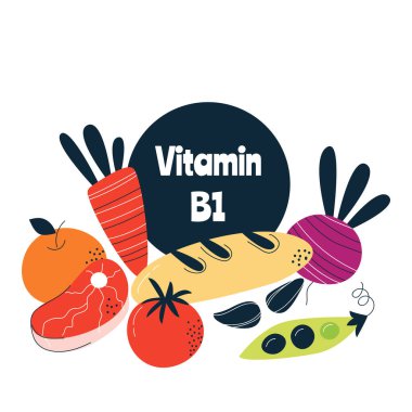 B1 vitamininin ana besin kaynakları. Sağlıklı gıda konsepti.