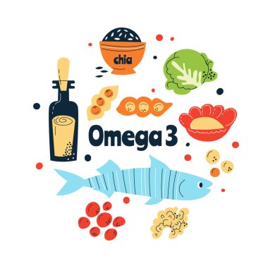 Omega 3 ana besin kaynakları balık, fındık, lahana, kırmızı havyar. El çizimi bir vektör illüstrasyonu. Farmakolojik ya da tıbbi afiş, broşür, afiş için mükemmel..