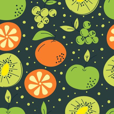 Portakallı, elmalı ve koyu arkaplanlı kusursuz bir desen. El çizimi bir vektör illüstrasyonu.