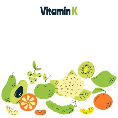 K vitamini ana gıda kaynakları lahana, ıspanak, kuşkonmaz, avokado. El çizimi bir vektör illüstrasyonu. Farmakolojik ya da tıbbi afiş, broşür, afiş için mükemmel..