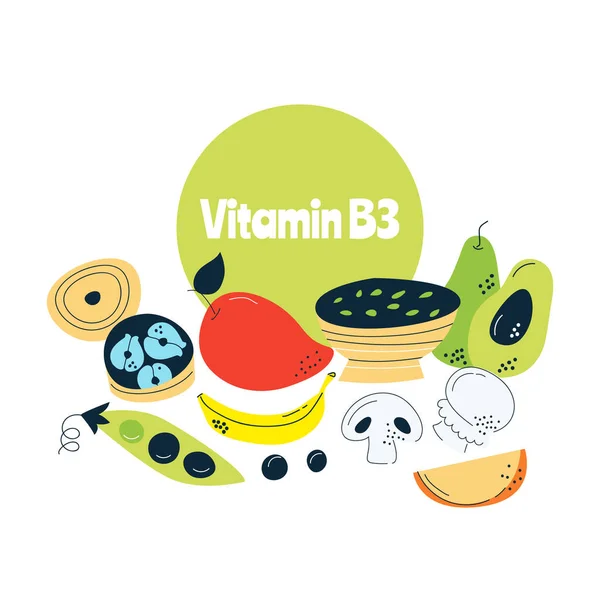 ビタミンB3の主な食料源キャベツ ナッツ トマト 手描きでベクトルイラスト 薬や医療のポスター チラシ バナーに最適です — ストックベクタ