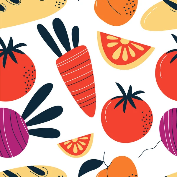 Patrón Sin Costuras Con Zanahorias Remolachas Tomates Sobre Fondo Blanco — Vector de stock