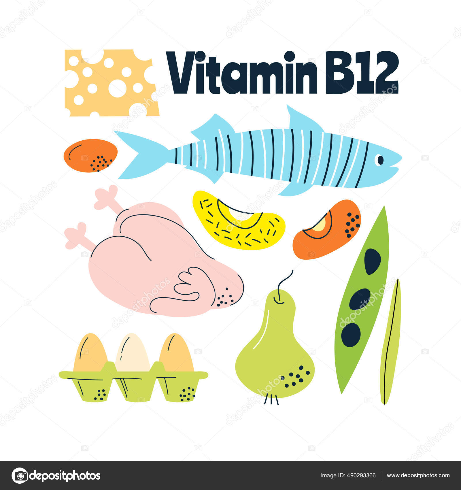 Vitamin B12 Main Food Sources Eggs Milk Fish Vector Illustration Stock Vector Image by ©lilileka